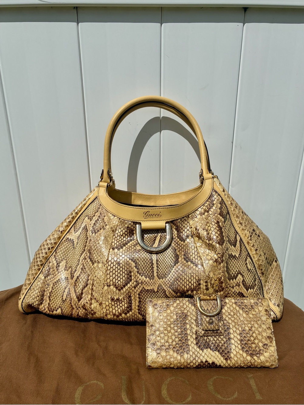 GUCCI ABBEY D-RING PHYTON & LEATHER HOBO SHOULDER BAG CORN YELLOW GOLD GOOD COND